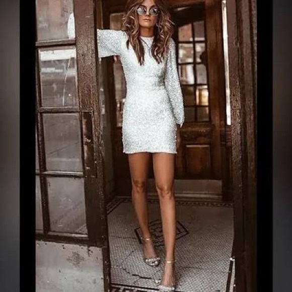 BHLDN Anthropologie Goldie White Sequin Mini Dress Long Sleeves - Picture 3 of 14